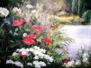 A Gardener's Dream, leaves, painting, greenery, flowers, water, assortment, pond HD wallpaper