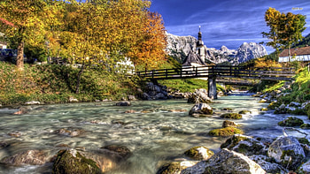 Church by the Rocky River, churches, bridge, nature, rivers HD wallpaper