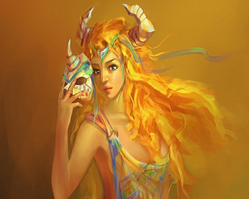 Behind The Mask, Blond, Mask, Woman, Horns, Blue eyes HD wallpaper