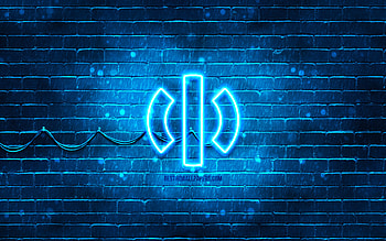 HiPhi blue logo, , blue brickwall, HiPhi logo, cars brands, HiPhi neon logo, HiPhi HD wallpaper