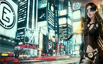 Neon City, style, cute, digital art, babe, 3d, cg, , gun, stunning, sexy, city, hot, girl, neon, action, fantasy, pretty, lights, cool, weapon, face, lovely, hair HD wallpaper