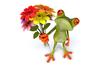 Funny 3D Frog, animal, 3d, funny, flowers, frog HD wallpaper
