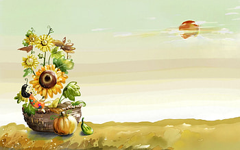 Autumn, art, girl, orange, sunflower, ginger, halloween, pumkin, day, flower, sky, sun, cloud HD wallpaper