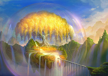 The tree, blue, copac, art, tree, fantasy, magical, yellow, bianca morelos, luminos HD wallpaper