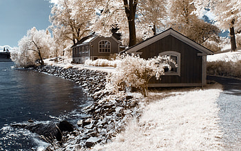 Nature, Houses, Stones, Lake, Shore, Bank, Colors, Color, Small Houses HD wallpaper
