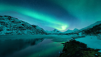 Beautiful Colorful Aurora Borealis Mountains With Snow Under Starry Sky Reflection On Lake Nature HD wallpaper