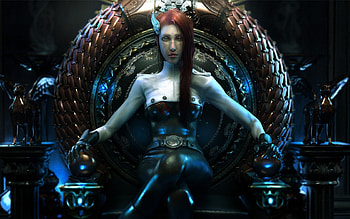 Fantasy girl, blue, black, throne, girl, dark, wen jr, fantasy, redhead, queen HD wallpaper