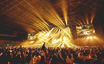 Dynamic concert scene with vibrant crowd and dazzling stage lights indoors. HD wallpaper