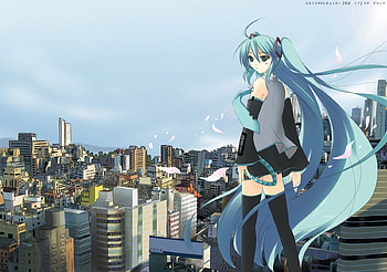 Hatsune Miku, blue, twintail, cute, girl, beautiful, vocaloid, tokyo, cuty, miku, vocaloids, anime, pretty, hatsune, clouds, sky HD wallpaper
