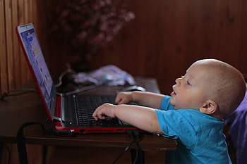 Cute baby boy engaged with a laptop indoors, showing early tech curiosity. HD wallpaper