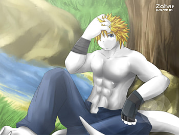 Furry, white, muscle, cool, lizard, forest, jeans HD wallpaper