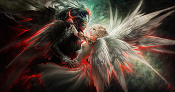 Angel & Demon, wings, mask, angel, romance, dark, demon, orginal, fantasy, love, couple HD wallpaper