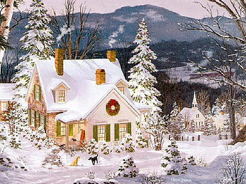 Home for the Holidays, windows, town, chimneys, dogs, cats, church, rail, painting, snow, porch, smoke, trees, mountains, christmas lights, wreath HD wallpaper