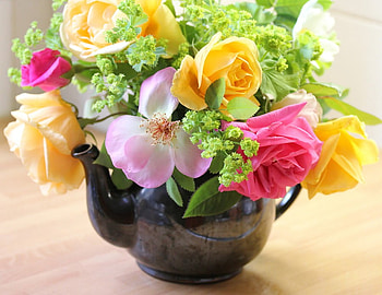 Just Brewing, pastel, pink, roses, pretty, yellow, green, teapot HD wallpaper