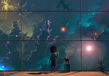 Sky, Art, Cat, Window, Child HD wallpaper