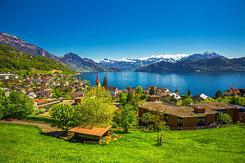 Green Switzerland, houses, swill, lake, landscape, grass, beautiful, peaceful, mountain, summer, green, view, sky, village HD wallpaper
