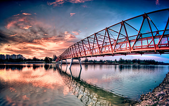 BRIDGE, river, construction, design, city, beach HD wallpaper