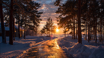 Winter Sunset — Golden Path Through Snow, Road, Tree HD wallpaper