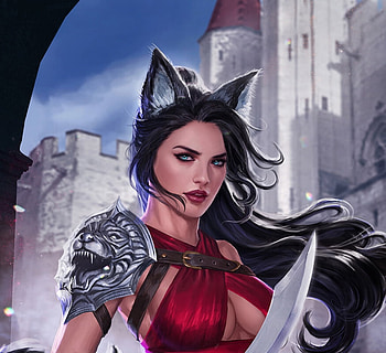 Wolf girl, fantasy, ears, girl, caterina kalymniou, wolf HD wallpaper