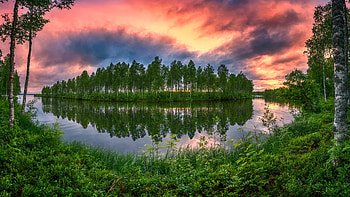Island in summer, water, reflections, colors, trees, clouds, sky, sunset HD wallpaper