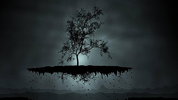 Floating Tree at Night, night, blue, black, lightspot, soil, dark, tree, roots, fantasy, silhouette HD wallpaper