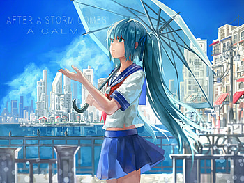 Building, Anime, Vocaloid, Blue Eyes, Blue Hair, Hatsune Miku, Long Hair, School Uniform, Skirt, Twintails, Umbrella HD wallpaper