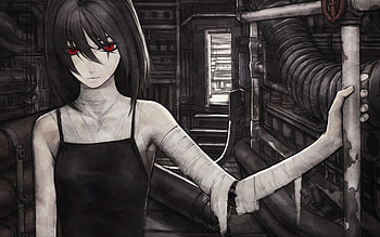 Anime Girls Artwork Cyborgs Dark Horror Iwai Ryo Red Eyes HD wallpaper