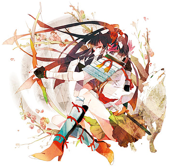 anime, ninja girl, animals, weapon, colors, red eyes, black hair, long hair HD wallpaper