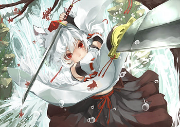 Inubashiri Momiji, skirt, sword, ribbons, red eyes, tail, leaves, anime, touhou, short hair, water, hat HD wallpaper