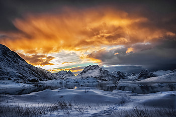 Sunset, snow mountains, landscape, nature HD wallpaper