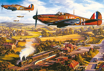 Hurricane Patrol, ww2, engine, war, painting, hurricane, plane, fighter, locomotive, Military, steam HD wallpaper