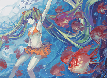 Hatsune Miku, glow, awesome, artistic, nice, beach, two piece, digital, cg, hatsune, school of fish, aqua eyes, fish, ocean, white, art, twintail, girl, singer, aqua, anime girl, anime, pretty, light, virtual, blue, black, song, sunlight, cute, vocaloid, beauty, miku, music, swimsuit, painting, vocaloids, reflection, underwater, water, sun, program, sea, bikini, beautiful, diva, orange, aqua hair, red, cool, idol, bubbles HD wallpaper