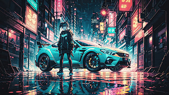 Anime Girl And Her Mercedes In The Neon Cityscape, anime, cars, artwork, digital-art, cityscape, art HD wallpaper