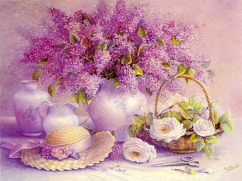 Still life, basket, nature, flowers, hat, lilac HD wallpaper