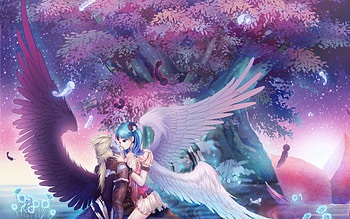 Deeply In Love, wings, feathers, anime, kiss, beautiful, stars, lovers, tree HD wallpaper