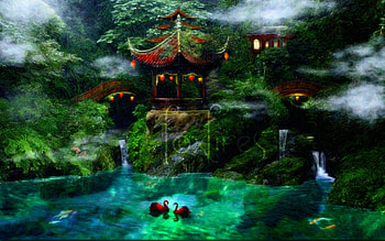 Red Swans in Heaven, fishes, plants, lanterns, red swans, little waterfalls, digital art, scenery, animals, trees, pagoda, panoramic view, rocks, creative pre-made, love four seasons, lakes, landscapes, heaven, manipulation, smoke, nature, bridges HD wallpaper