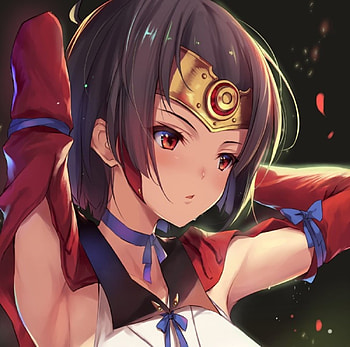 Mumei, blue, cute, necklace, ribbons, beauty, lady, short hair, female, golden, sweet, girl, gloves, beautiful, woman, anime girl, tiara, anime, pretty, red, brown hair, lovely HD wallpaper
