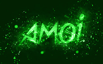Amoi green logo, , green neon lights, creative, green abstract background, Amoi logo, brands, Amoi HD wallpaper