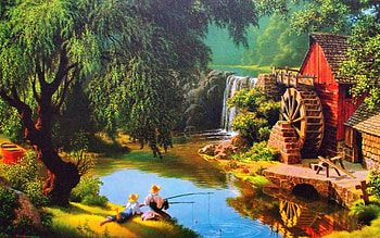 Fishing by the Waterfall, artwork, river, trees, watermill, cascade, water, boys, reflections, painting HD wallpaper