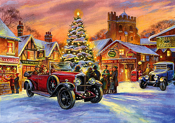 Crossley&Carols, winter, colorful, carols, crossley, town, car, nice, holiday, painting, snow, mood, art, eve, beautiful, people, tree, retro, shop, christmas, lights, street, sky, market, lovely, village HD wallpaper