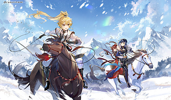 Genshin Impact: Aether, Yelan & Hu Tao — Frostbound Riders ( Quad ), Aether (Genshin Impact), Yelan (Genshin Impact), Hu Tao, video game, Genshin Impact HD wallpaper
