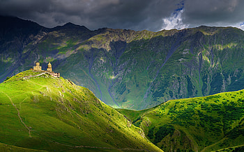 Gergeti Trinity Church, summer, Mount Kazbek, beautiful nature, mountain landscape, Caucasus, Georgia, Gergeti, mountains, Asia HD wallpaper