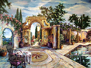 The Belltower, table, columns, chairs, painting, arch, building, trees, sky, water, trellis, pots, cloud HD wallpaper