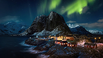 Norway Travels, Lofoten Norway village aurora HD wallpaper