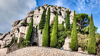 abbey of montserrat in catalonia spain, trees, abbey, sky, rocks, hill HD wallpaper