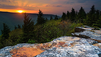 West Virginia Highlands, solors, trees, clouds, landscape, sky, sun, rocks, usa HD wallpaper