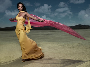 A Windy Day, day, windy, dress, yellow HD wallpaper