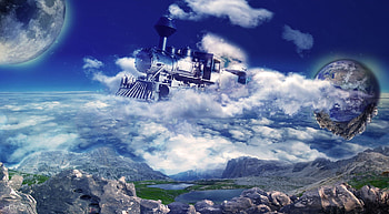 Sky Train, lakes, scenery, planet, moon, clouds, sky, train, mountains HD wallpaper