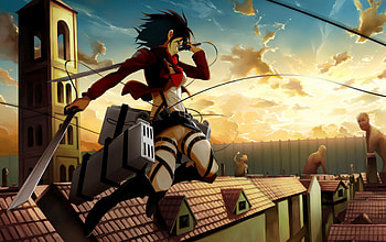 Shingeki No Kyojin, black hair, houses, anime girl, anime, monsters, cool, clouds, lovely, shingeki no kyjin, warrior, sunset HD wallpaper