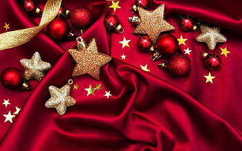 red silk fabric with christmas toys, Merry Christmas, Red Christmas background, red Christmas balls, gold glitter stars, Happy New Year HD wallpaper